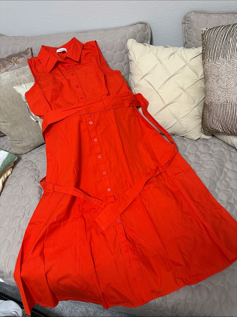 Calvin Klein Orange Sleeveless Button-Front Midi Dress with Waist Tie